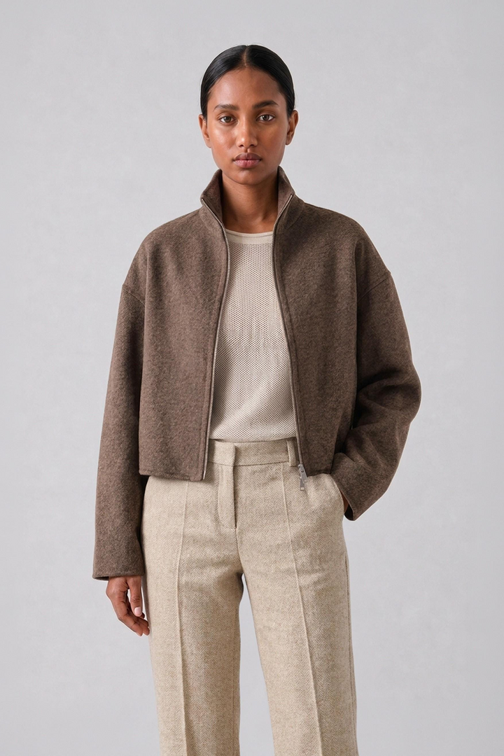 Brown Wool Zip Cardigan Jacket