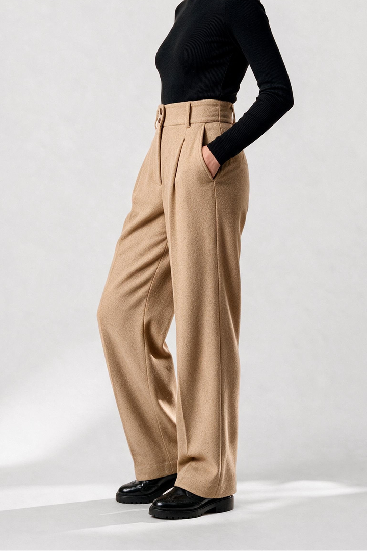 Camel Pleated Wide-Leg Trousers
